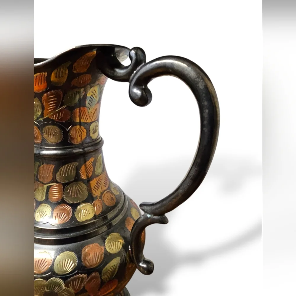 Antique Mid-Century MCM Copper Solid Brass Pitcher Etched Floral Ewer Vase VTG